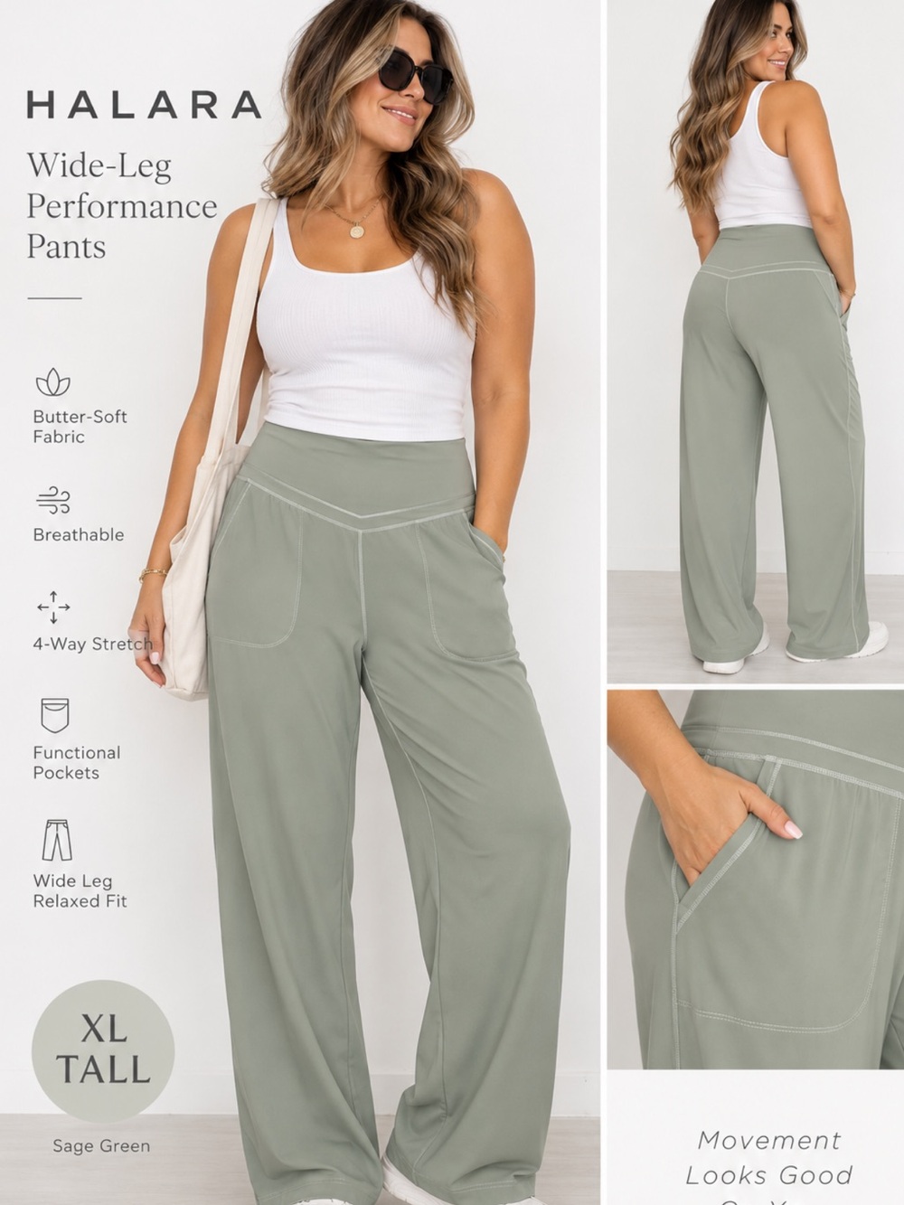 HALARA Wide-Leg Performance Pants in Sage Green XL Tall
